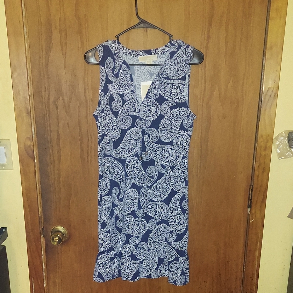 Michael Kors Navy and White Paisley Midi Dress